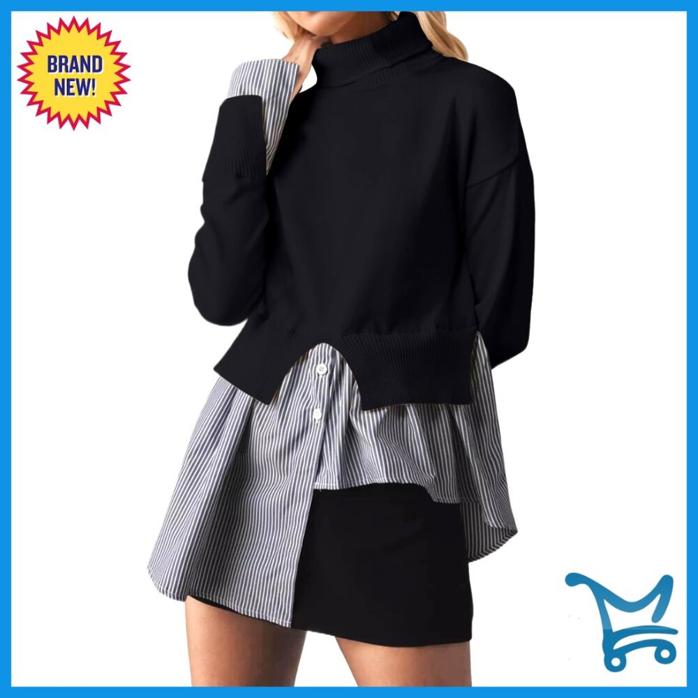 Asymmetrical Patchwork Sweater Dress Turtleneck P… - image 1